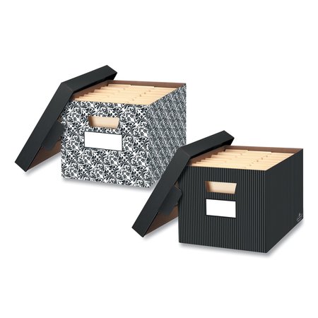 Bankers Box Medium-Duty Storage Box, Letter/Legal Files, 12.5"x16.25"x10.25", Black/Gray Pinstripe Design, 4PK FEL0029803